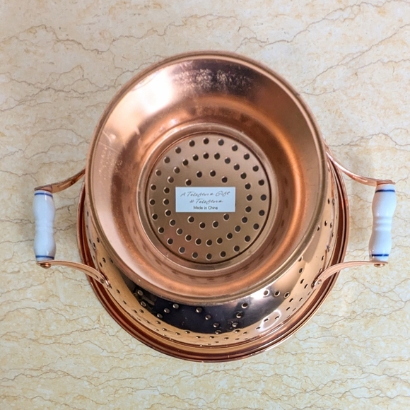 Vintage Teleflora Copper Collander Heart Shape Holes White Porcelain Handles - Picture 6 of 12